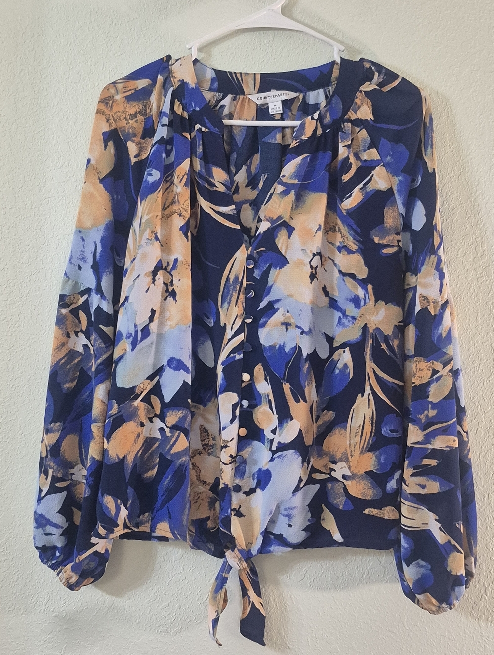 Counterparts Navy, Blue and Tan Floral Tie-Front Blouse